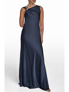 New Donna Karan New York Asymmetric Cowl Back Satin Gown In Nightfall Sz 14 $299